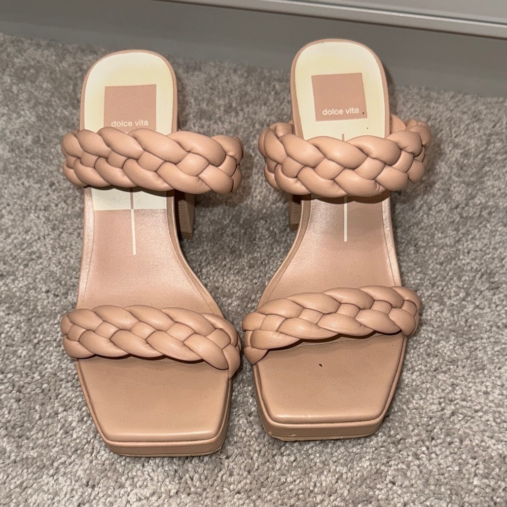 Dolce Vita Braided Block Heel Sandals in Beige